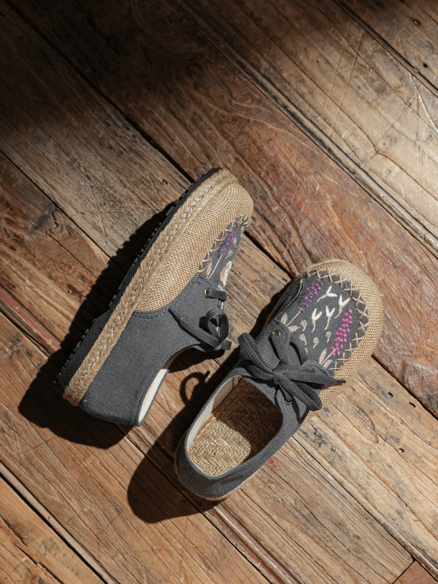 CACTUS ROSE | GARDEN EMBROIDERED LINEN ESPADRILLE SNEAKER - GREY