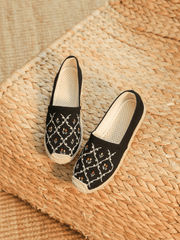 CACTUS ROSE | TWIN FLOWER EMBROIDERED LINEN ESPADRILLES - BLACK