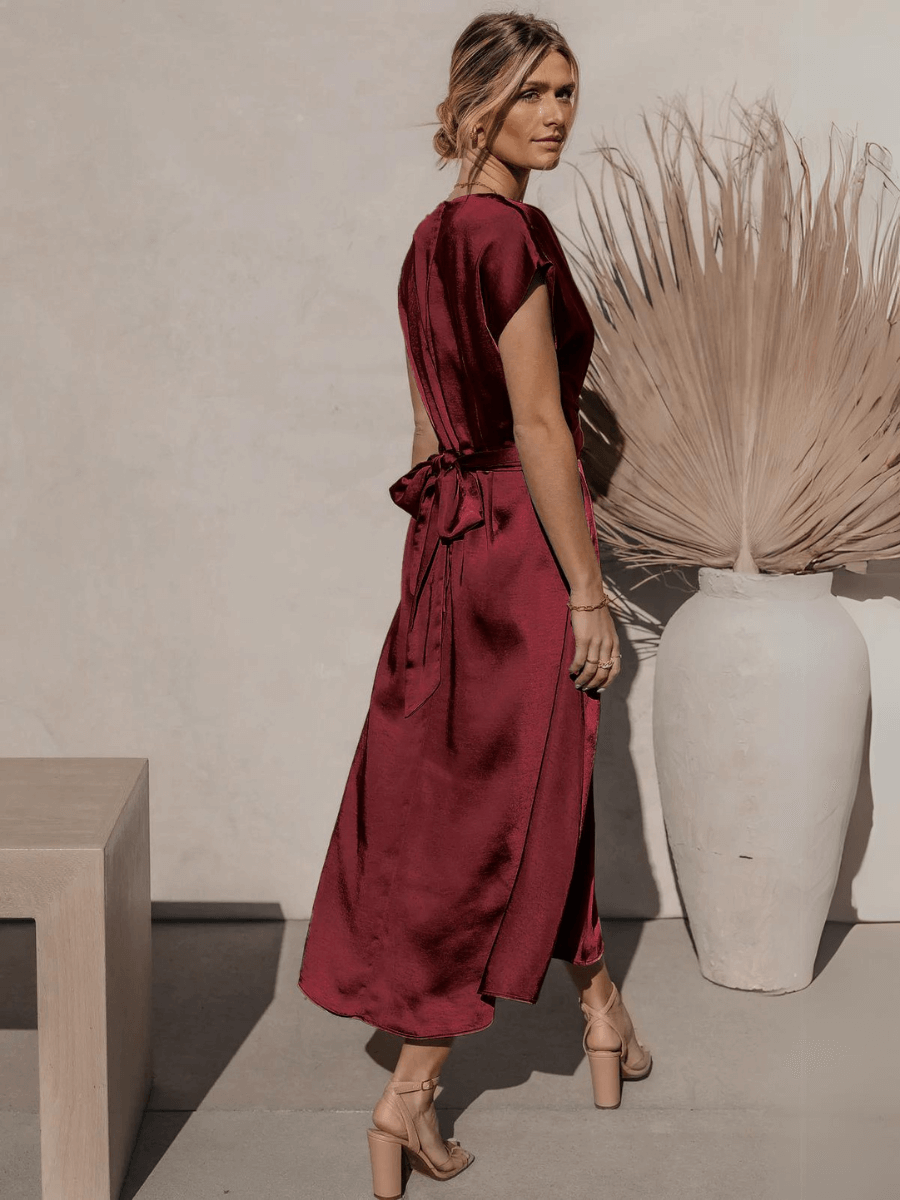 Theia Satin Short Sleeve Midi Dress - Burgundy