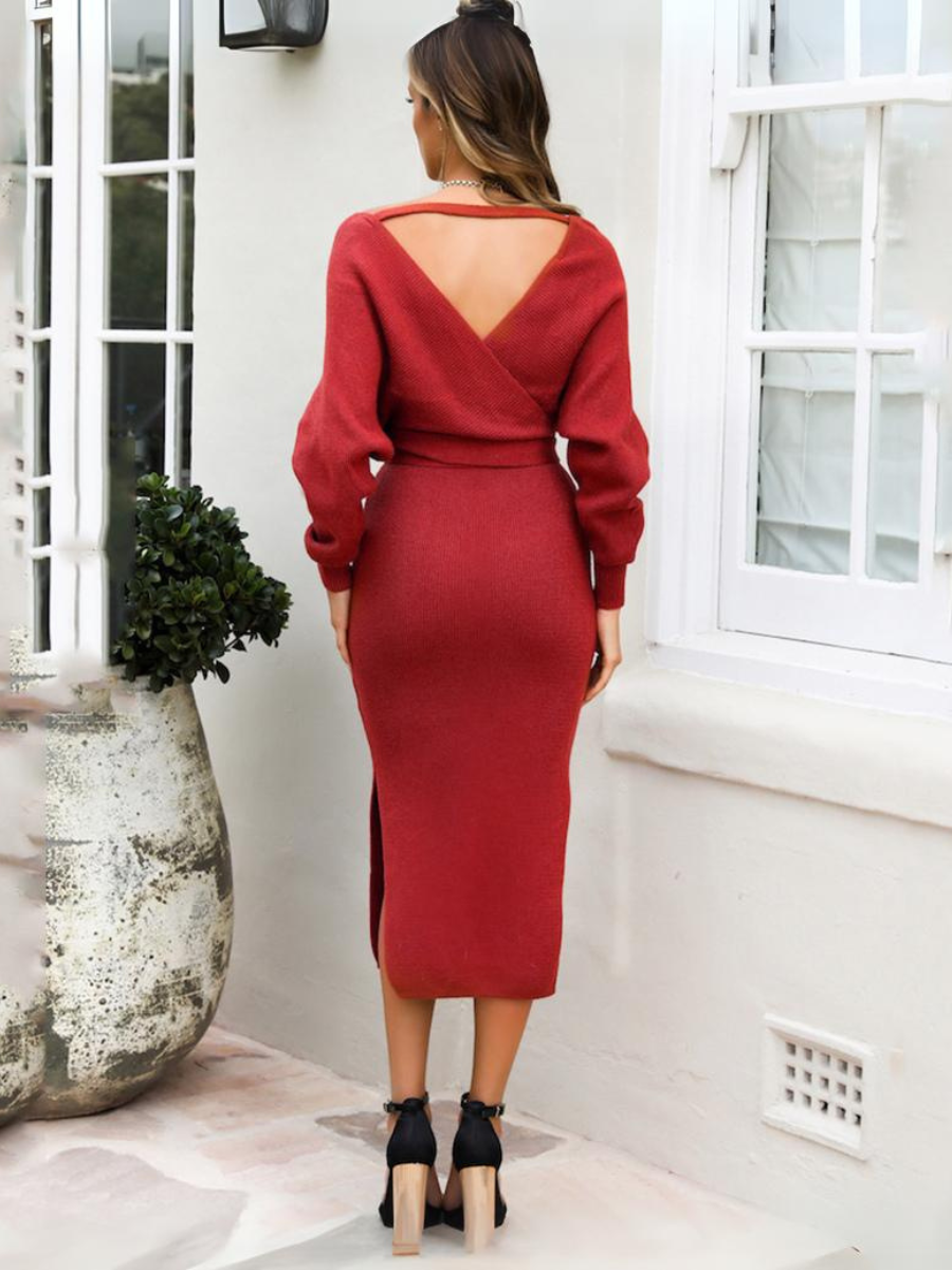 Lorene Tie Waist Midi Sweater Dress - Red