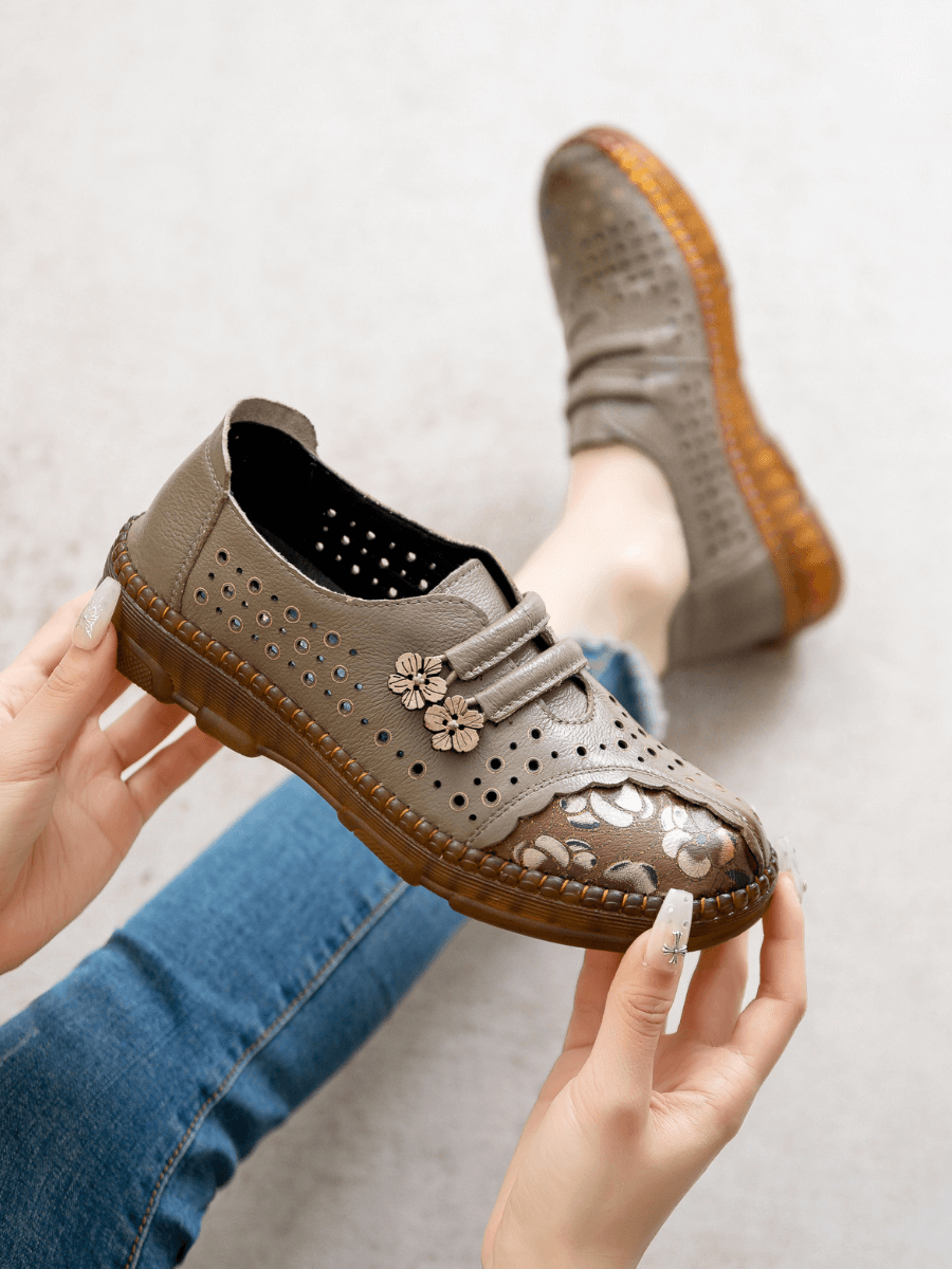 RUMOUR HAS IT | PERFORATED UPPER FLORAL EMBOSSED LEATHER LOAFER  - GREY