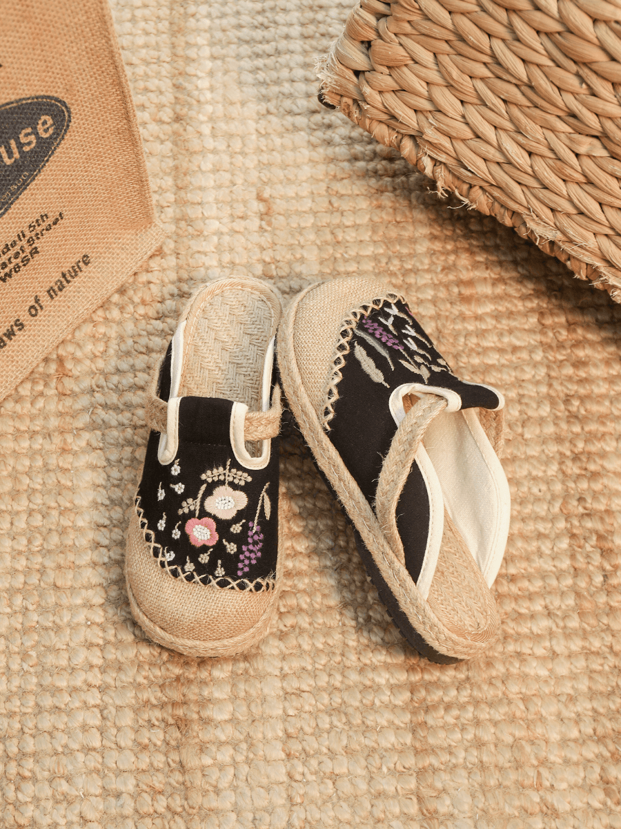 CACTUS ROSE | BLOSSOM WHEAT EMBROIDERED LINEN MULE - BLACK