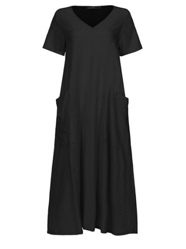 Ramie Cotton Solid Color Plus Size V-Neck Casual Dress