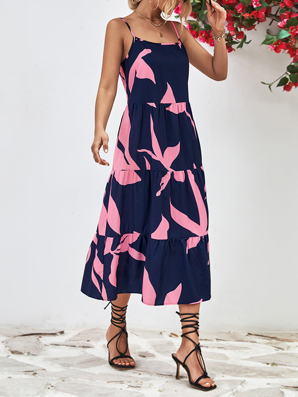 Loose Sleeveless Contrast Color Floral Printed Spaghetti-Neck Midi Dresses