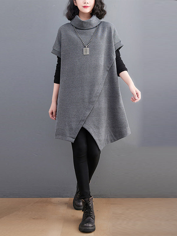 Short Sleeves Asymmetric Solid Color Split-Front High-Neck Knitwear Mini Dresses