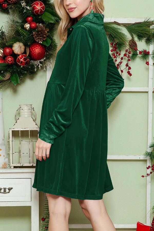 Green Long Sleeve Ruffle Velvet Button Up Shirt Dress