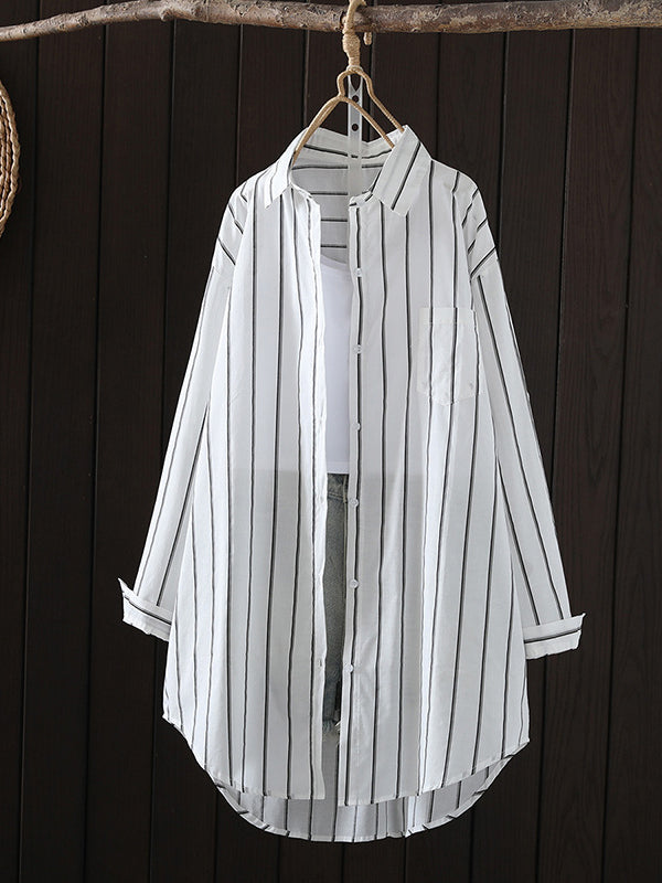 Irregular Clipping Long Sleeves Striped Lapel Shirts Tops