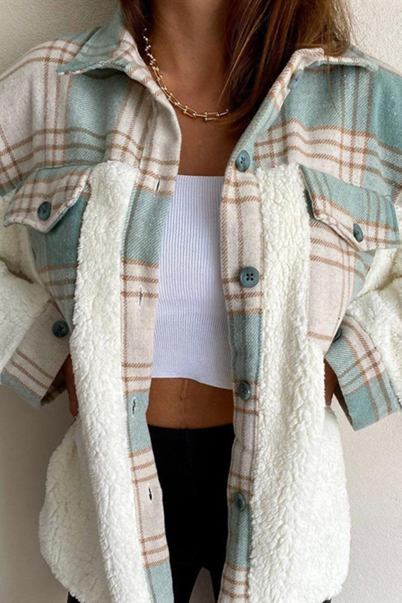 Fashion Casual Plaid Print Patchwork Cardigan Turndown Collar Outerwear(4 Colors)