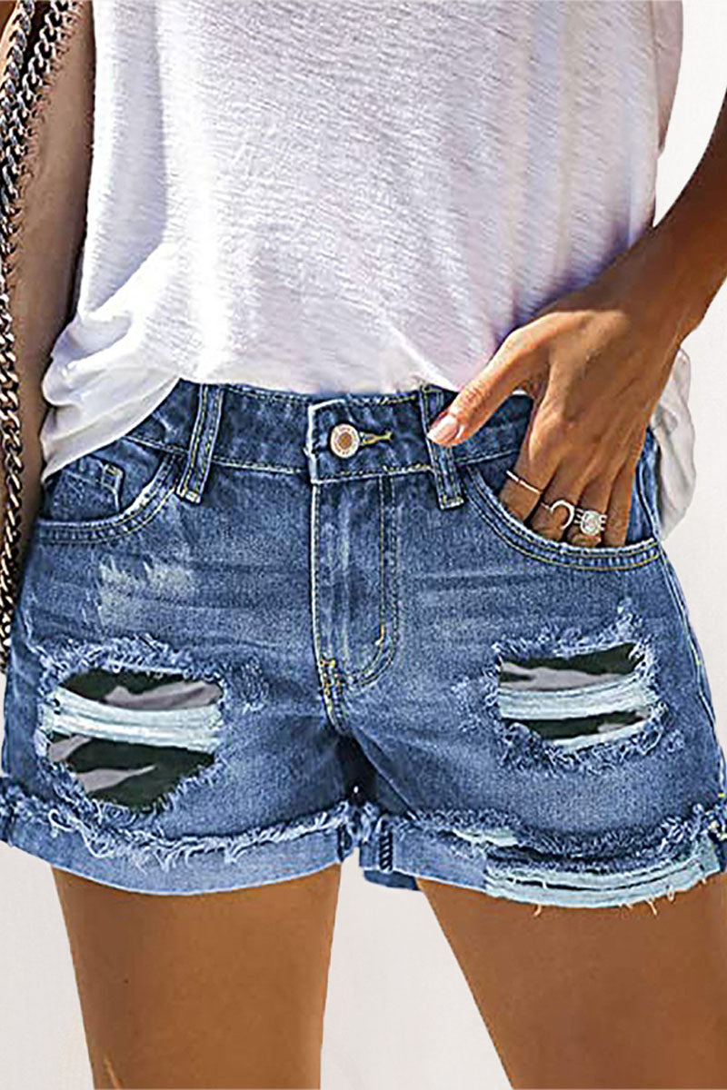 Fashion Street Patchwork Ripped Mid Waist Straight Denim Shorts