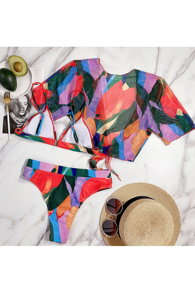 Fashion Vacation Print Patchwork Swimwears Three-piece Set