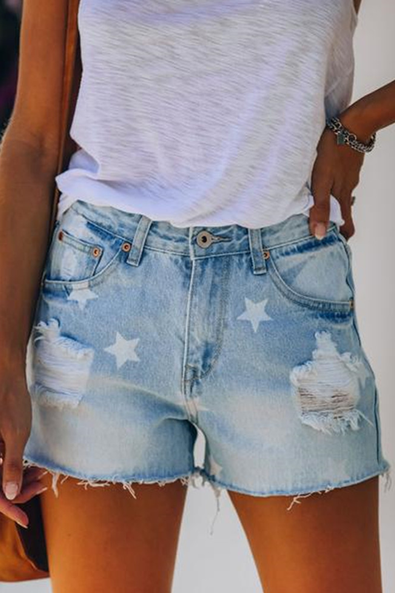 Street Daily Print The stars Tassel Ripped Make Old Regular Denim Shorts