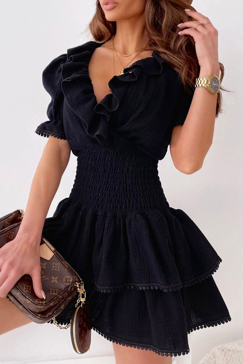 Fashion British Style Solid Split Joint V Neck Waist Skirt Dresses