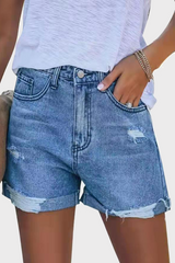 Street Solid Ripped Make Old Mid Waist Straight Denim Shorts(3 Colors)