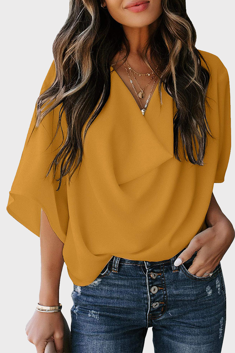 Casual Solid Patchwork V Neck Tops(7 Colors)