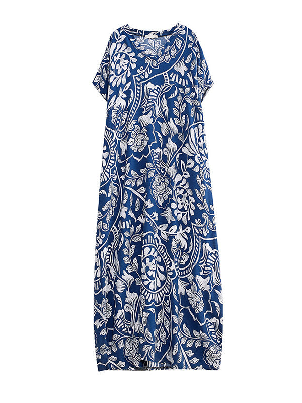 Loose Short Sleeves Printed V-Neck Maxi Dresses