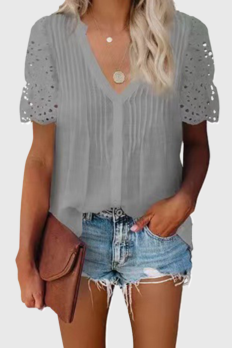 Elegant Solid Hollowed Out Patchwork V Neck Tops(6 colors)