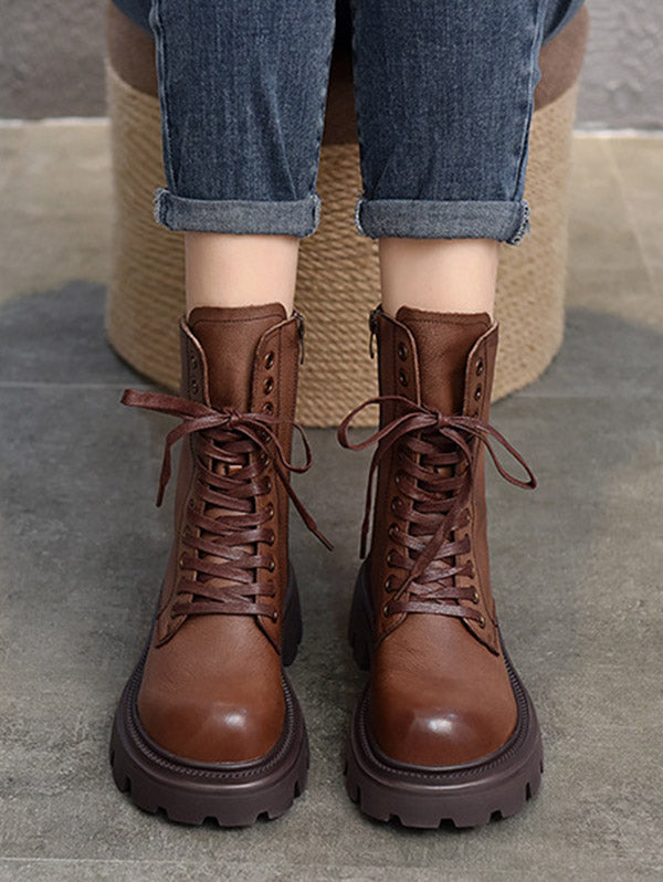 Vintage Cow Leather Mid Heels Height Boots