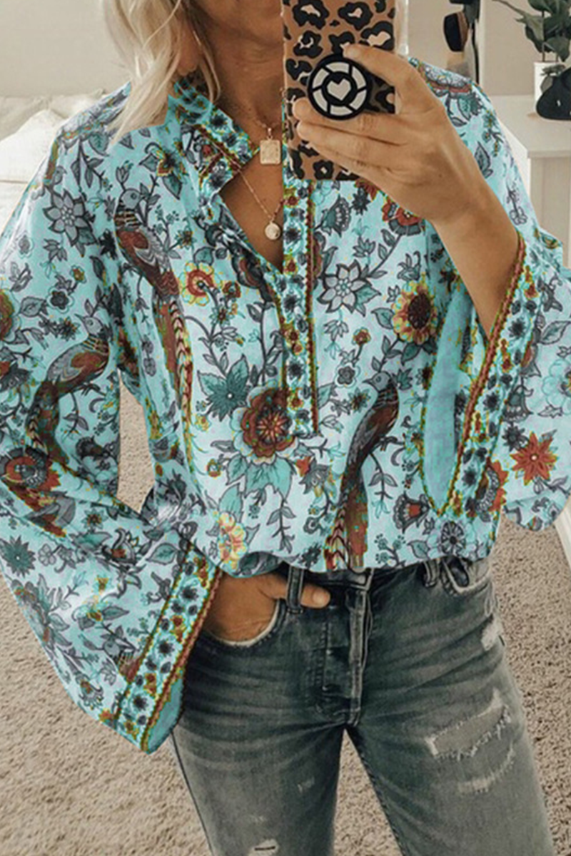 Street Print Patchwork Buttons Mandarin Collar Blouses(9 Colors)