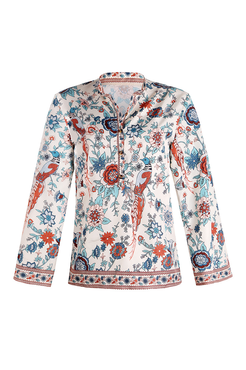 Street Print Patchwork Buttons Mandarin Collar Blouses(9 Colors)