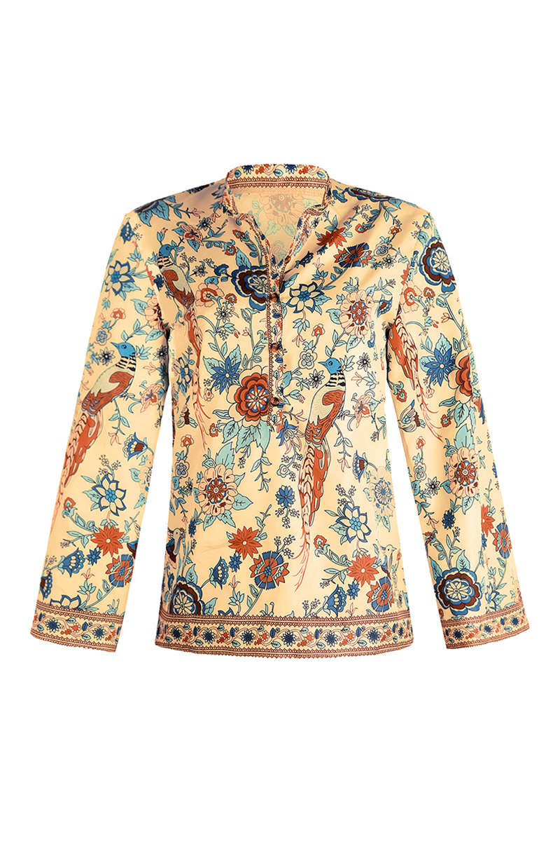 Street Print Patchwork Buttons Mandarin Collar Blouses(9 Colors)