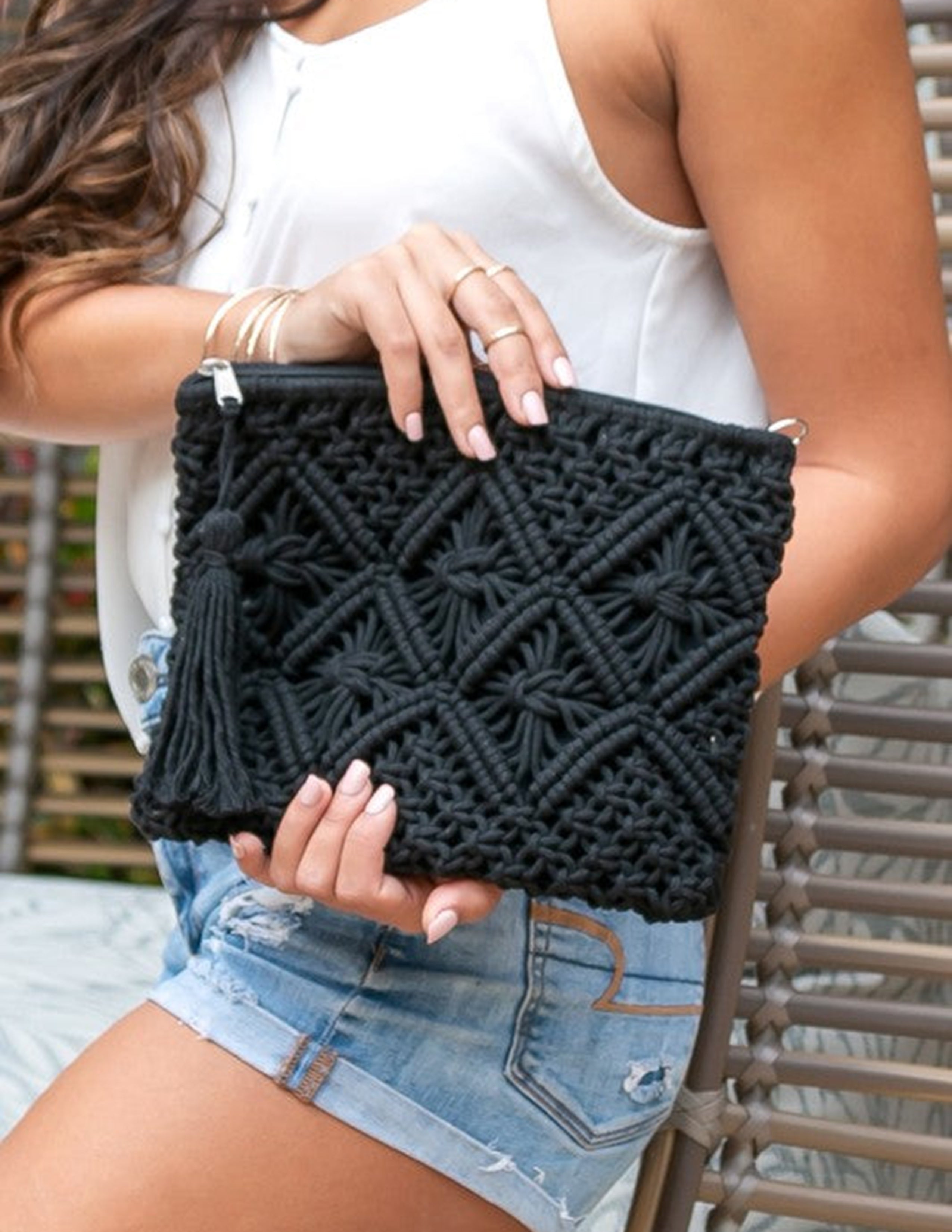 Diamond Pattern Macrame Tassel Clutch