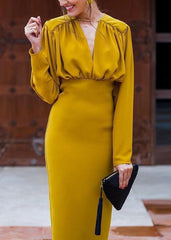 Glamorous Yellow Long-Sleeved Evening Dress