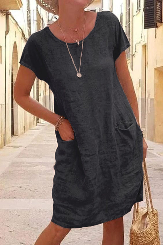 Casual Solid Patchwork Pocket O Neck Short Sleeve Dress Dresses(4 Colors)