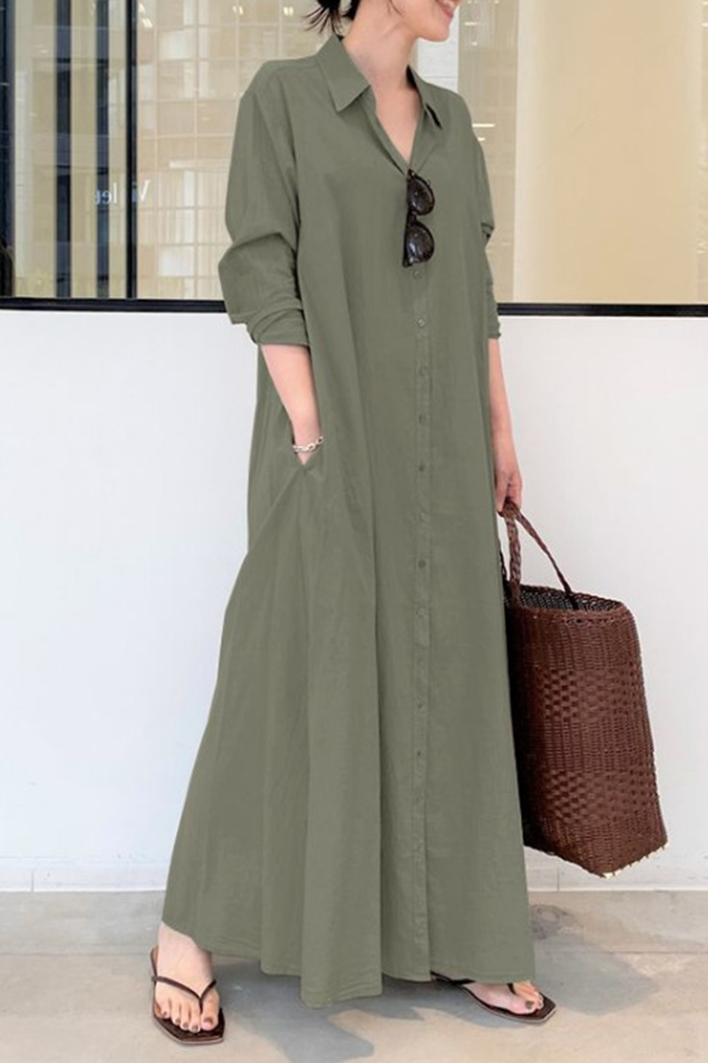 Casual Solid Pocket Buckle Turndown Collar Shirt Dress Dresses(3 Colors)