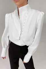 Fashion Street Solid Patchwork Mandarin Collar Blouses