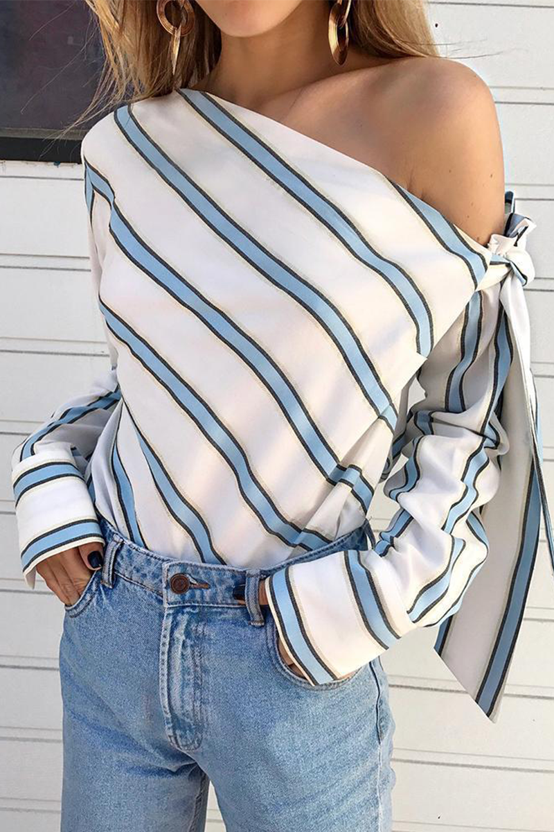 Elegant Striped Patchwork Strap Design Oblique Collar Tops