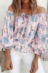 Fashion Sweet Print Patchwork Off the Shoulder Blouses(4 Colors)