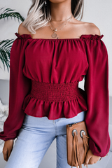 Fashion Elegant Solid Patchwork Flounce Off the Shoulder Tops