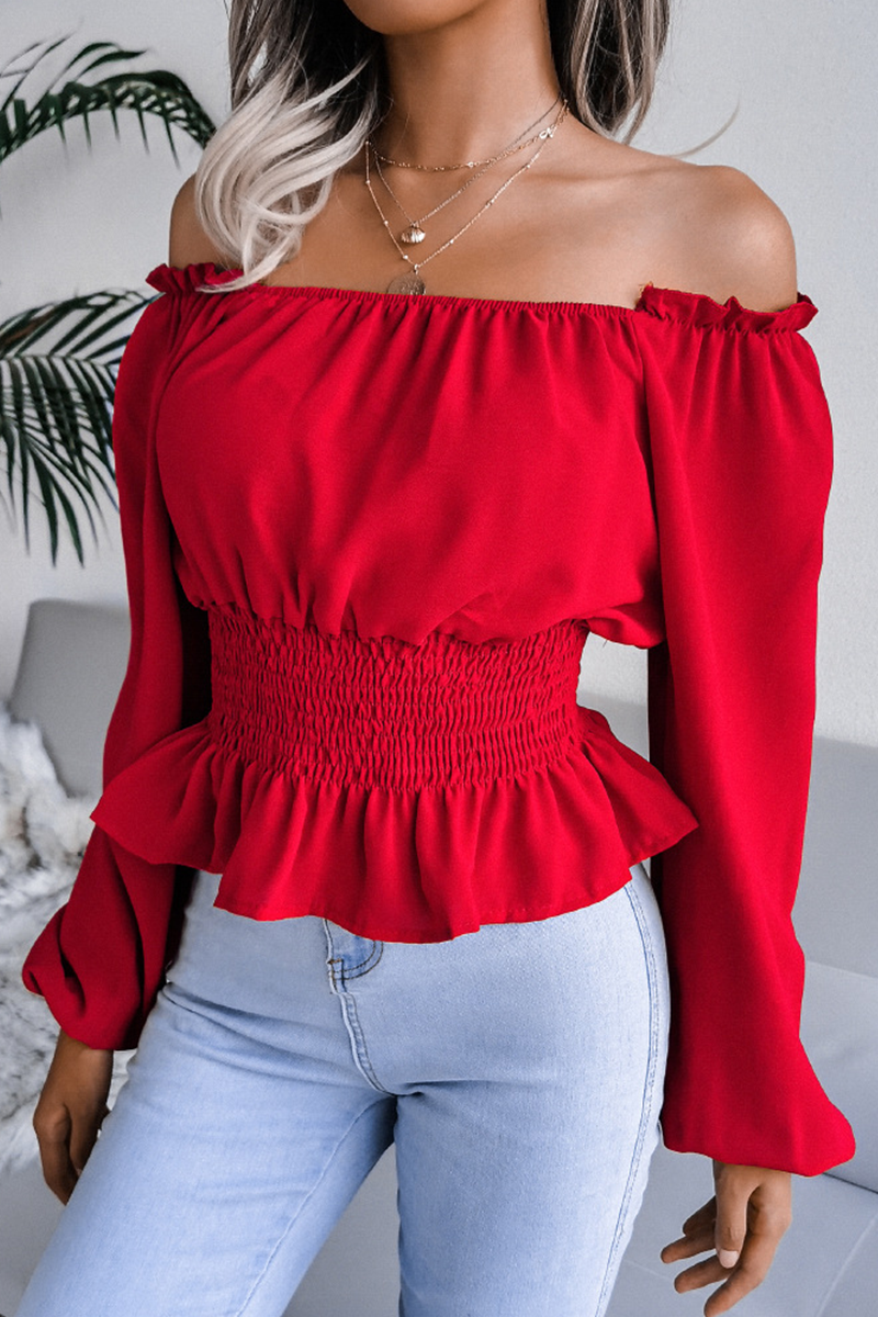 Fashion Elegant Solid Patchwork Flounce Off the Shoulder Tops