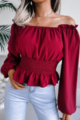 Fashion Elegant Solid Patchwork Flounce Off the Shoulder Tops