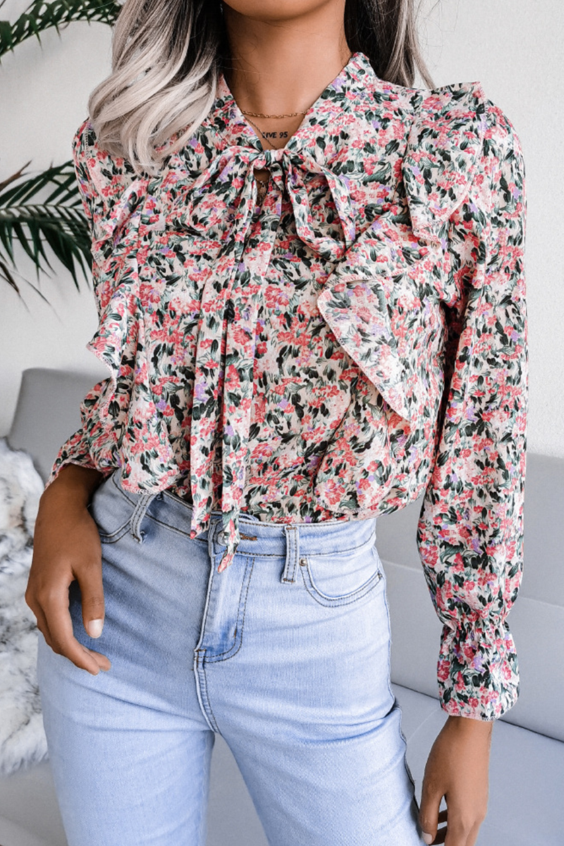 Casual Elegant Floral Frenulum Flounce Ribbon Collar Tops