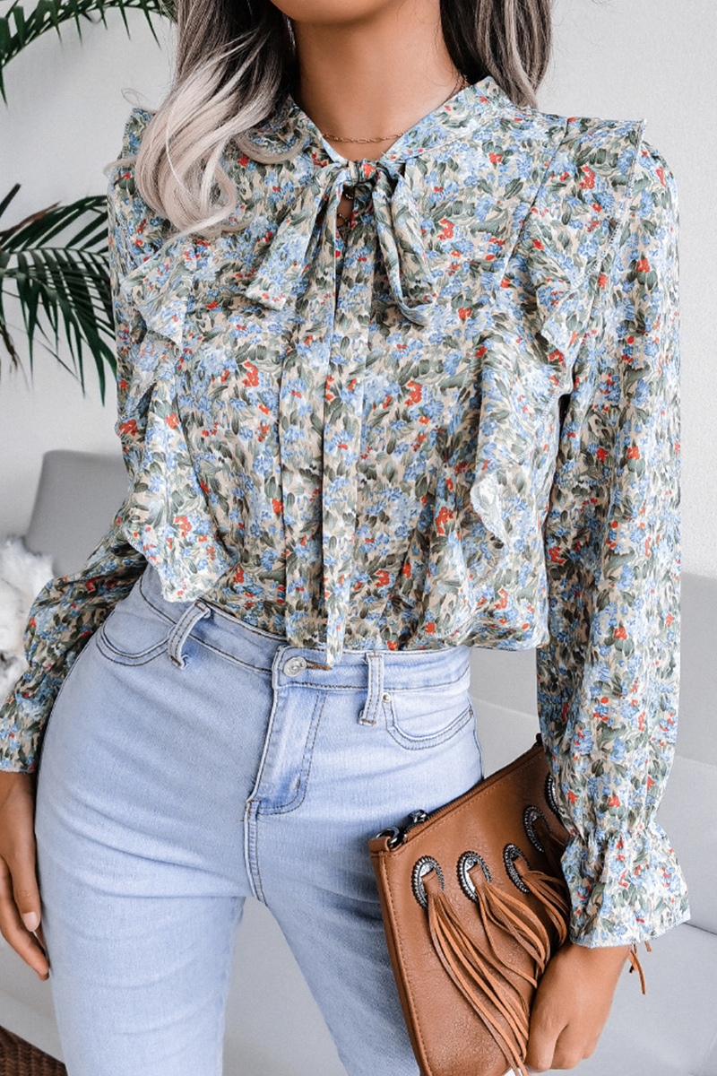 Casual Elegant Floral Frenulum Flounce Ribbon Collar Tops