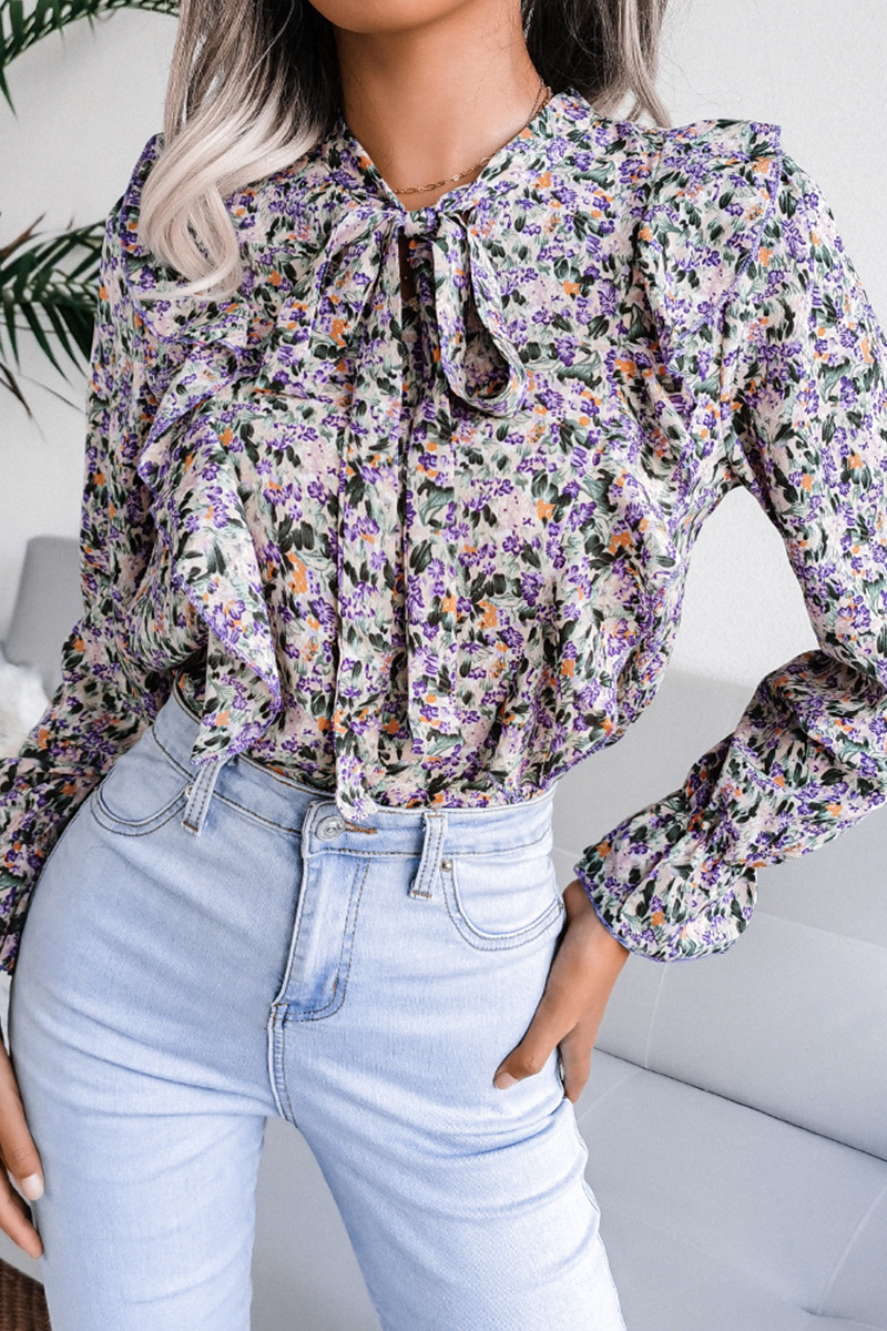 Casual Elegant Floral Frenulum Flounce Ribbon Collar Tops