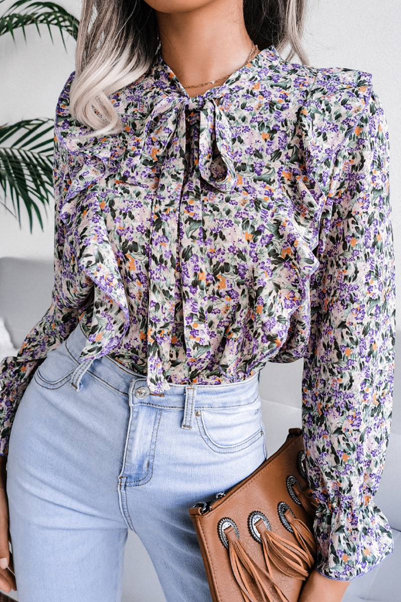 Casual Elegant Floral Frenulum Flounce Ribbon Collar Tops