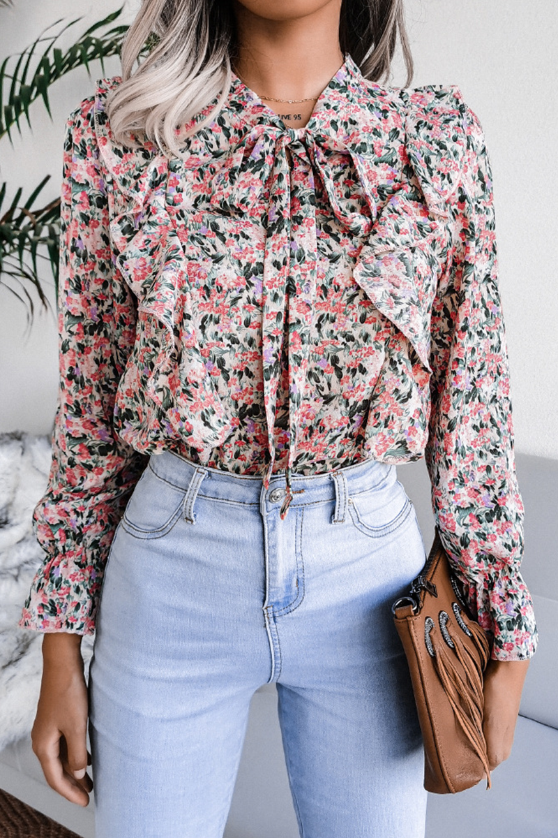 Casual Elegant Floral Frenulum Flounce Ribbon Collar Tops