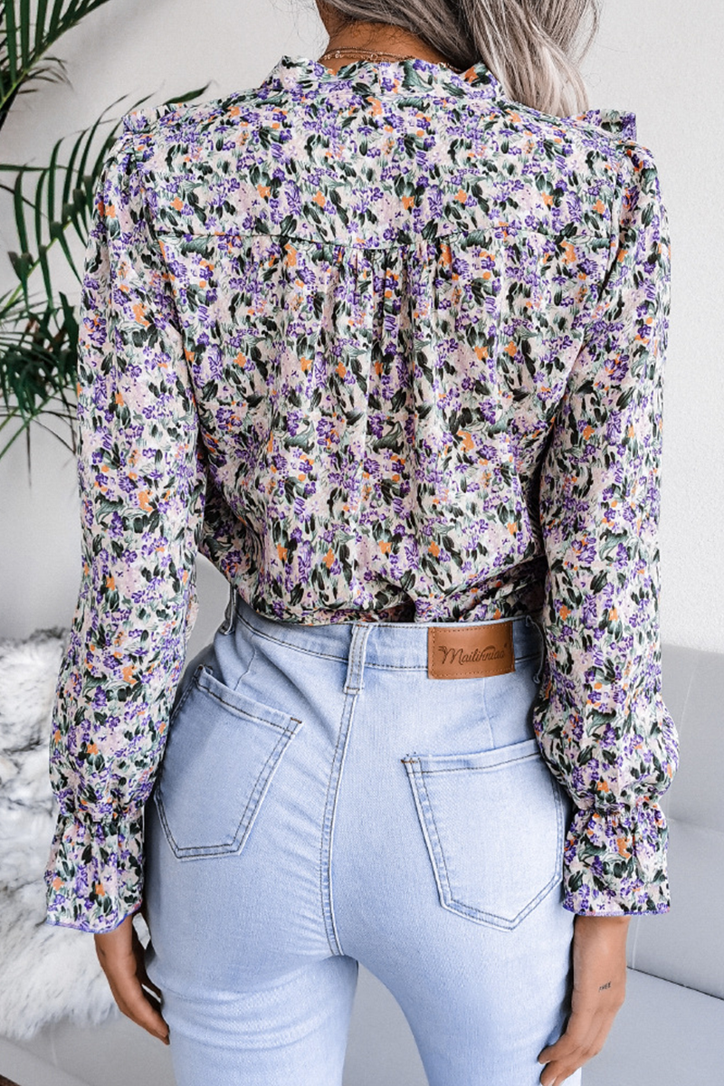 Casual Elegant Floral Frenulum Flounce Ribbon Collar Tops