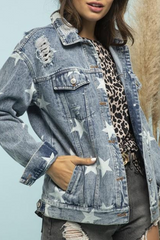 Street The stars Ripped Buckle Turndown Collar Long Sleeve Denim Jacket