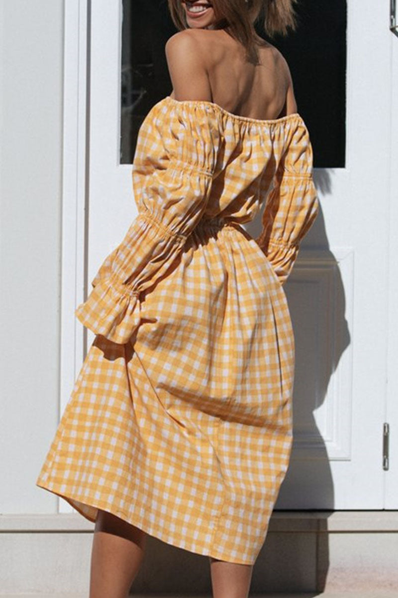 Fashion Street Plaid Patchwork Off the Shoulder Waist Skirt Dresses