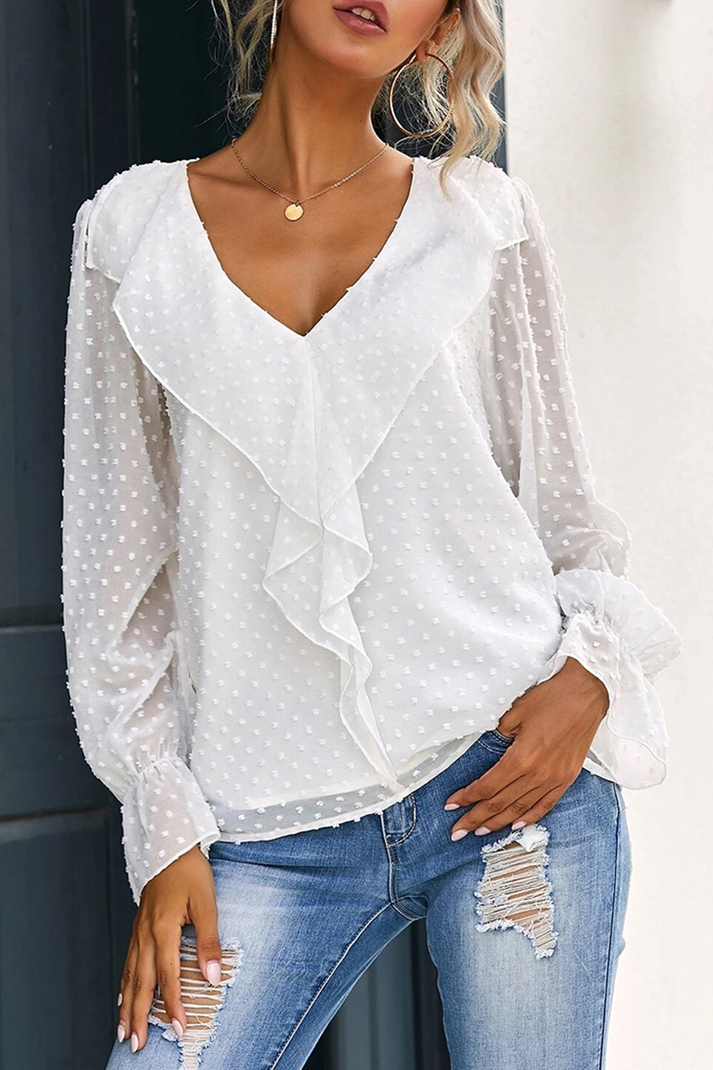 Elegant Solid Patchwork Flounce V Neck Tops