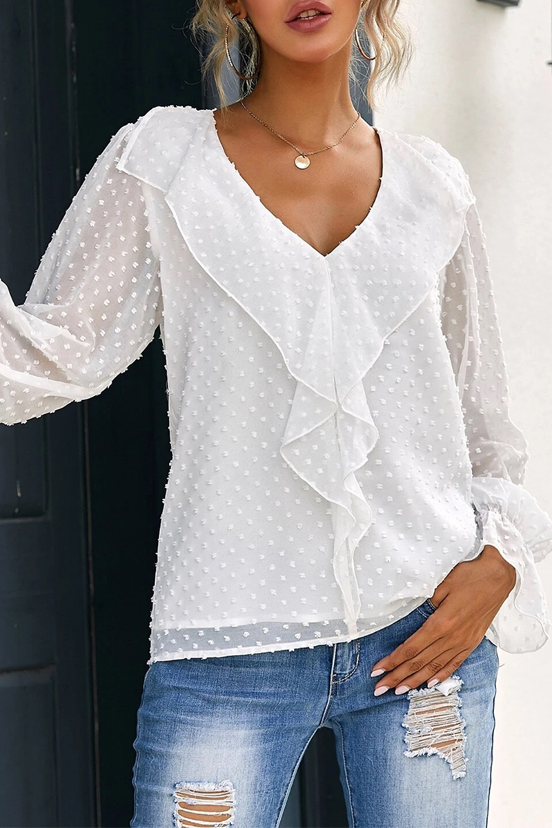 Elegant Solid Patchwork Flounce V Neck Tops