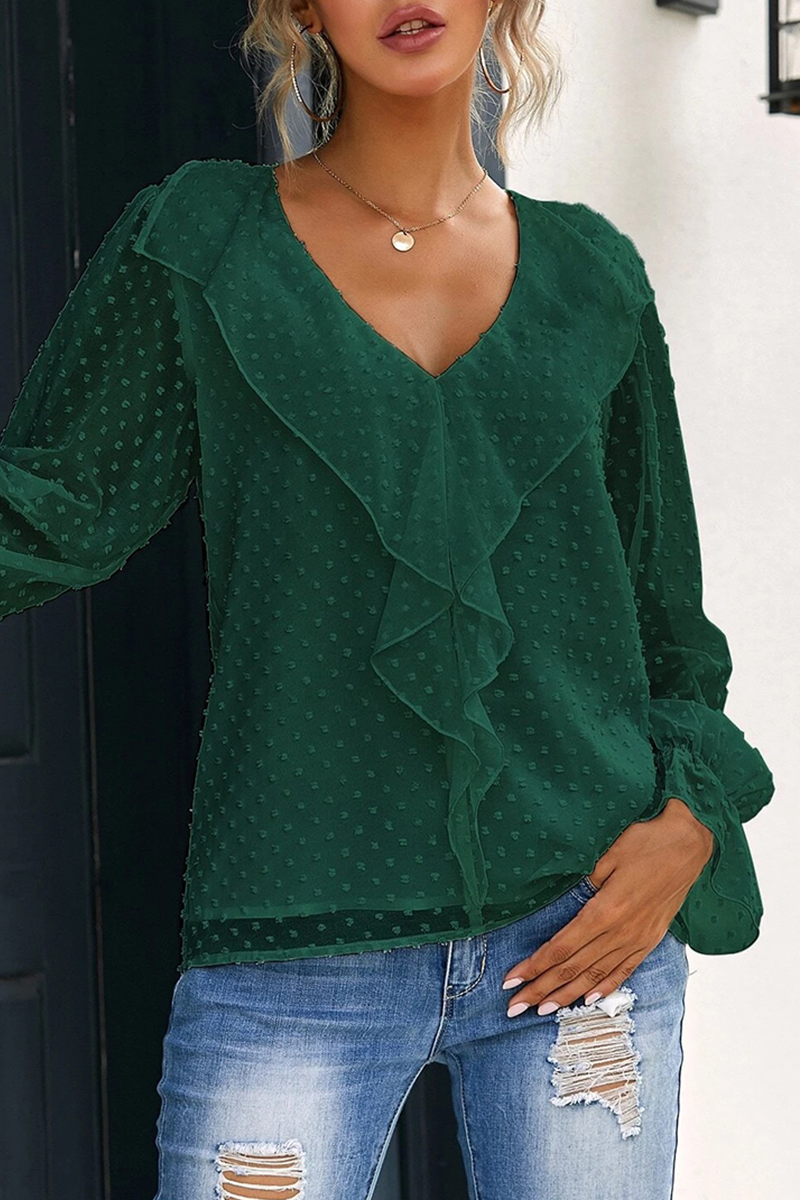 Elegant Solid Patchwork Flounce V Neck Tops