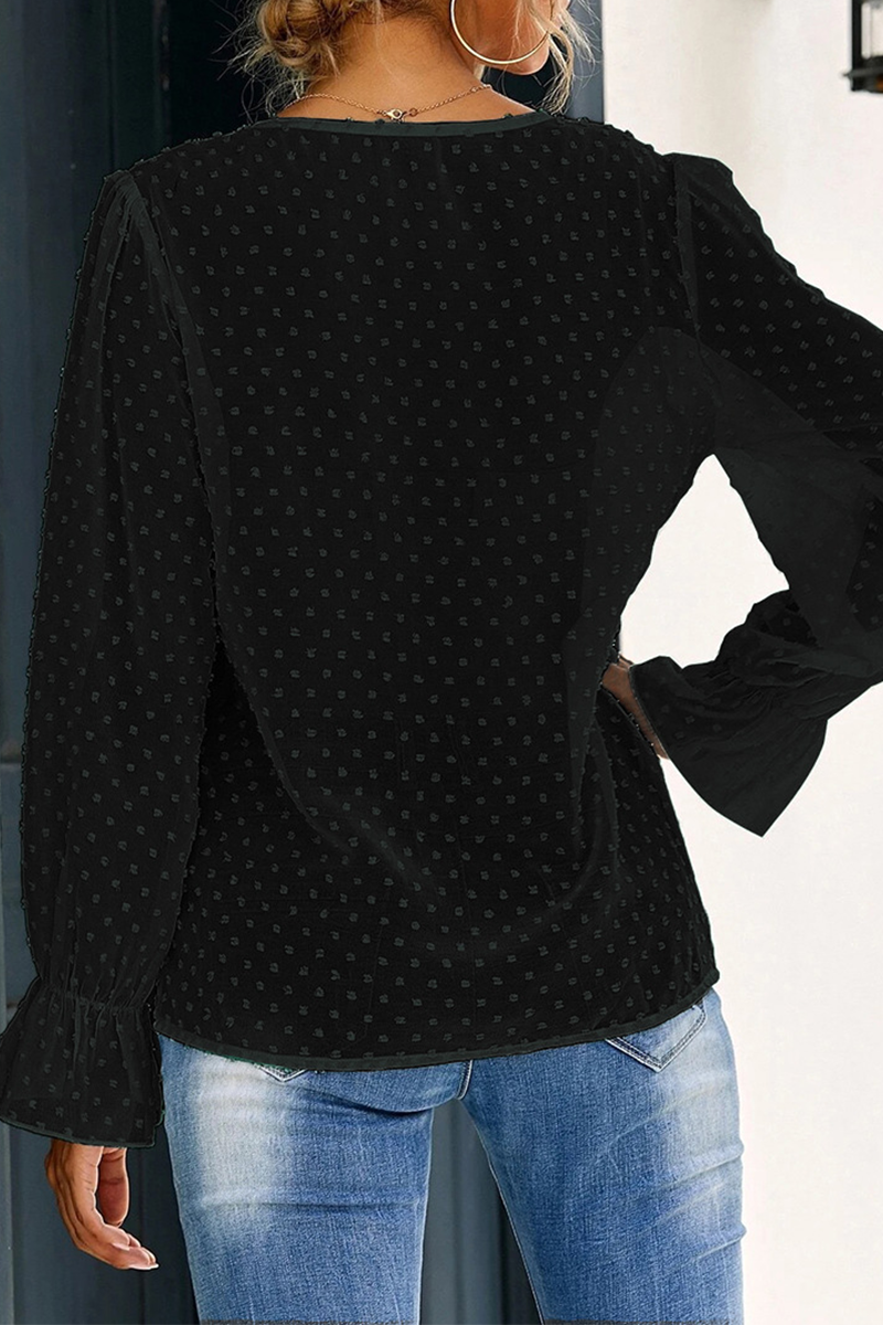 Elegant Solid Patchwork Flounce V Neck Tops