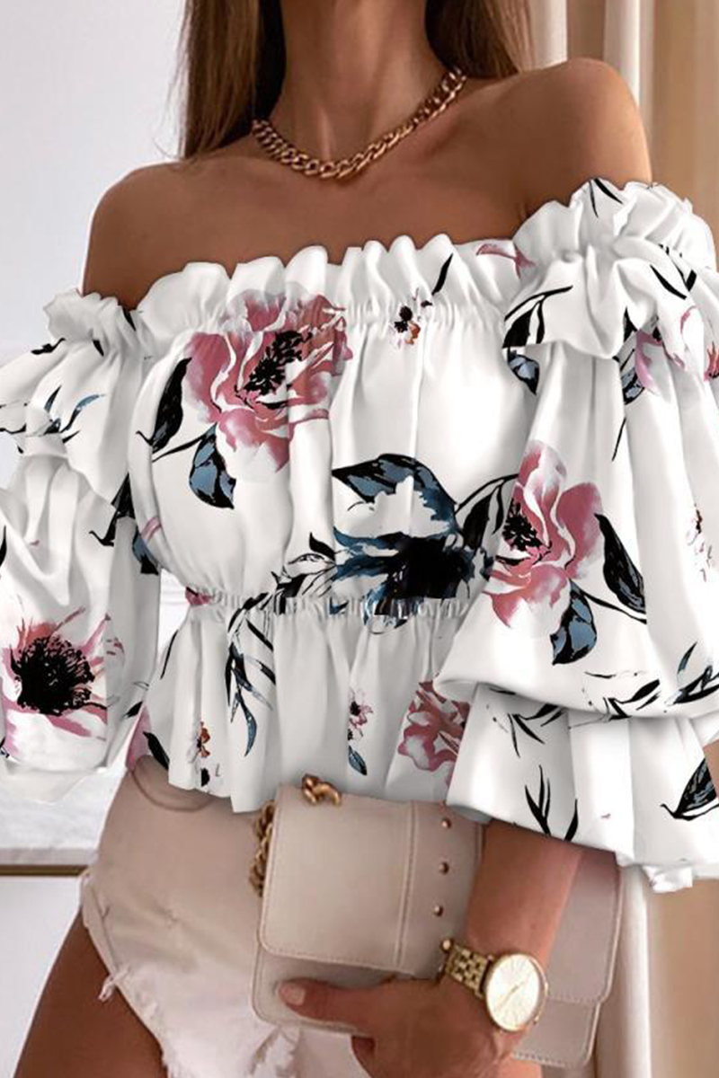 Elegant Print Flounce Off the Shoulder Tops(10 Colors)