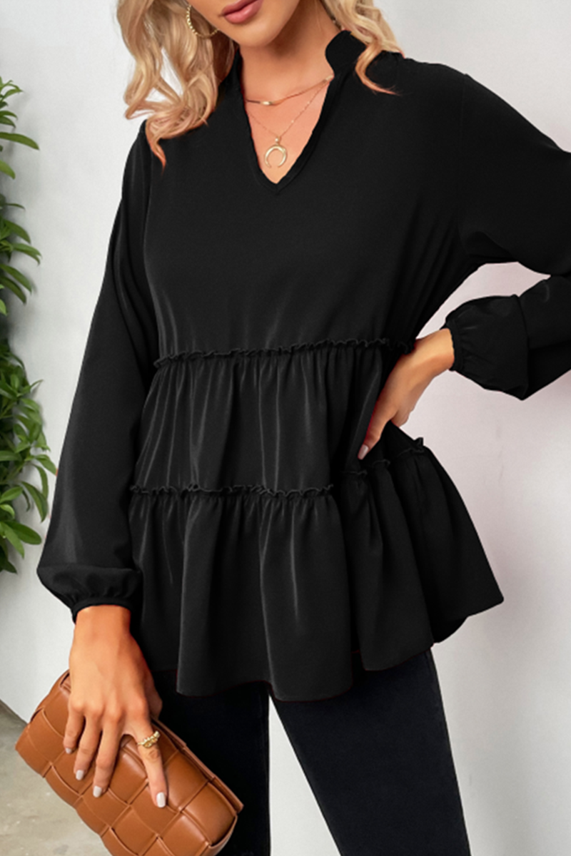 Casual Solid Split Joint Flounce V Neck Tops