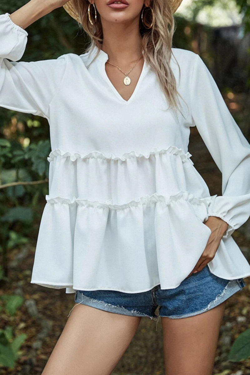 Casual Solid Split Joint Flounce V Neck Tops