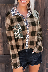 Casual Plaid Leopard Buckle Turndown Collar Tops